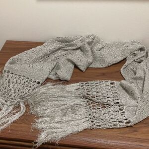 Metallic Silver Fringed Long Scarf /Wrap with open work detail.